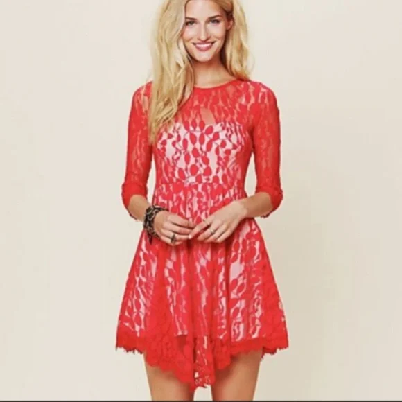 chinese dress ladies Free People -Jens Pirate Booty Red Textured Mini Dress (Small)